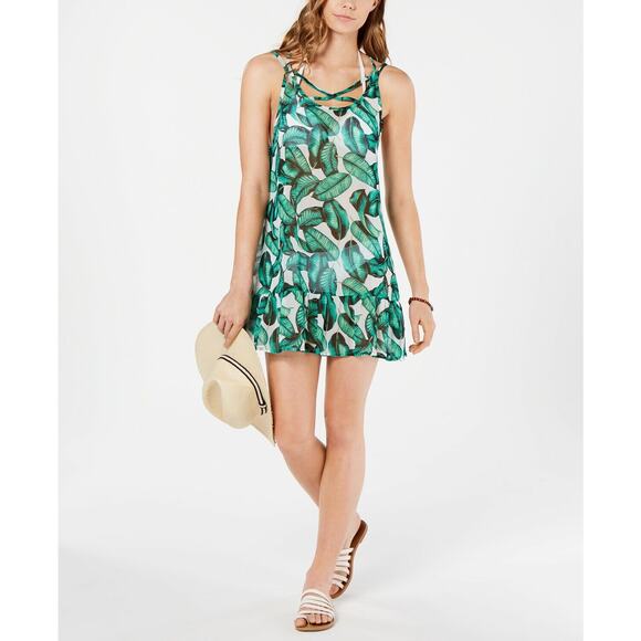Miken Peplum Hem Sheer Swim Cover Up White Emerald Tropical Size S New - Picture 1 of 8